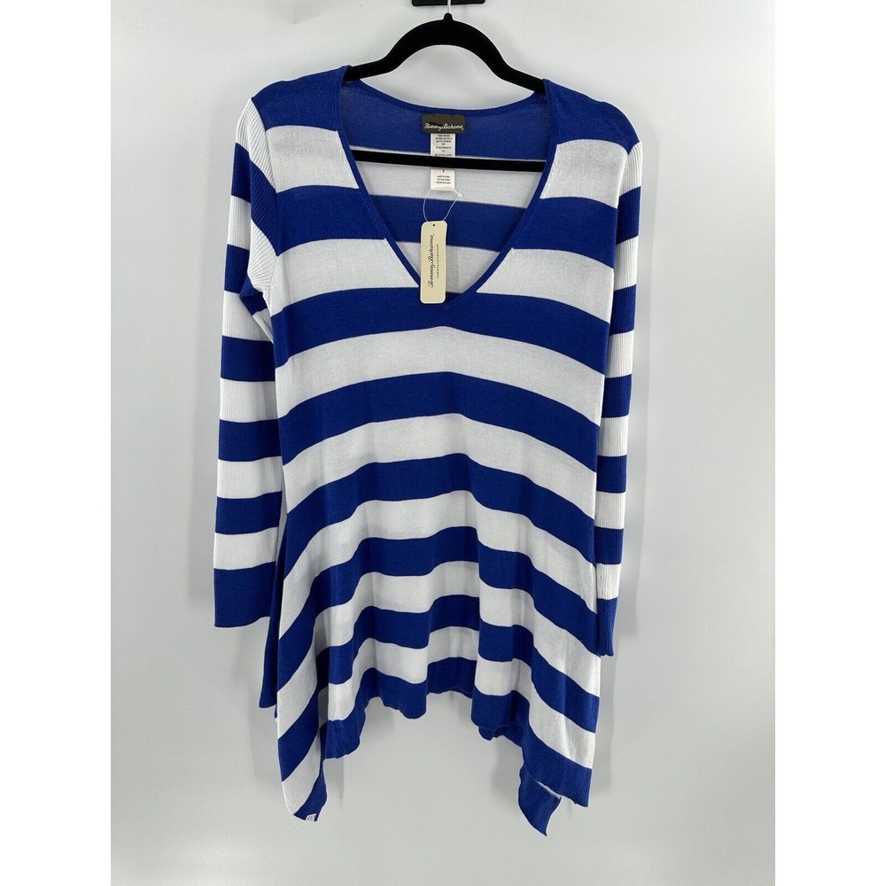 Tommy Bahama V-neck Striped Asymmetrical Cover Up Knit Sweater Blue/ White Small